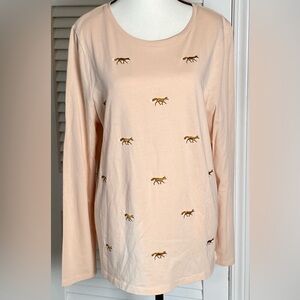 Talbots Peach Pink Embroidered Foxes XL Long Sleeve Tee with High Low Hem